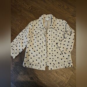 Christopher & Banks Cream Polka Dot Button Jacket with Ruffle Hem